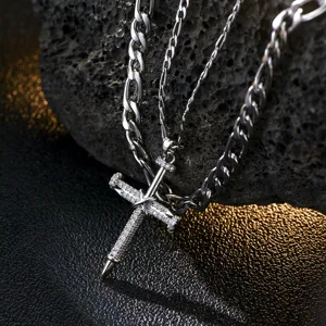 Hip hop stainless steel double layer necklace with rhinestone nail cross pendant and chain.