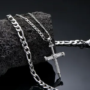 Hip hop stainless steel double layer figaro chain rhinestone nail cross necklace for men
