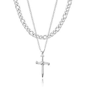 Hip-hop stainless steel double layer figaro chain necklace with nail cross pendant for men