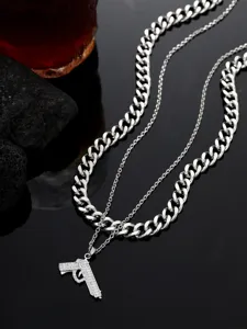 Collar de acero inoxidable para hombre cadena cubana en capas con colgante de pistola
