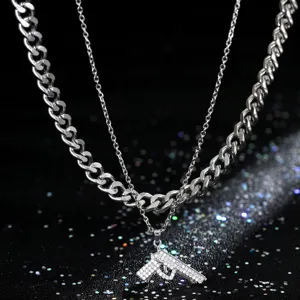 Collar para Hombre de Acero Inoxidable de Doble Capa Hip Hop Colgante de Pistola Circonia Cadena Cubana Joyería