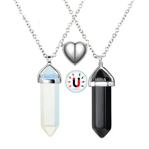 Couple magnetic crystal hexagonal pillar pendant necklace set, natural stone jewelry.