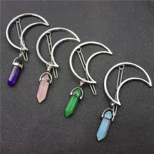 Bohemian Alloy Moon Hair Clip Natural Stone Hexagonal Crystal Pendant Geometric Bobby Pin For Women Daily Hair Accessory