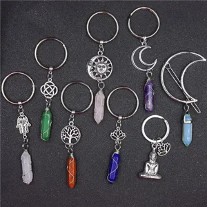 Natural Hexagonal Crystal Pillar Pendant Keychain Handmade Wire Wrapped Pointed Bullet Quartz Tree Of Life Moon Sun Lotus Buddha Charm Keyring For Bag Car Hanging Decor