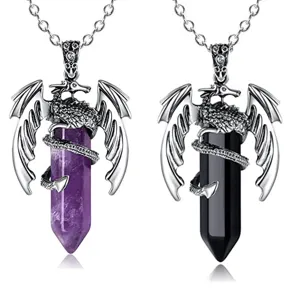 Vintage Flugsaurier Kristall Anhänger Halskette Gothic Fliegender Drache Umhüllt Hexagonale Säule Quarzstein Anhänger Für Damen Herren Fantasy Schmuck
