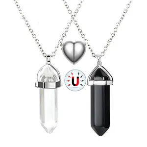 Natural crystal hexagonal pillar pendant couple necklace featuring magnetic heart design details.