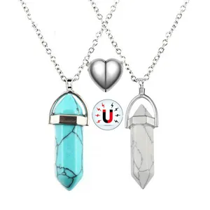 Close-up detail view of magnetic crystal hexagonal pillar couple necklaces set.
