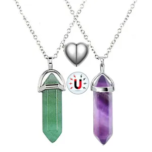 Natural stone crystal hexagonal pillar pendant couple necklace set with magnetic heart.