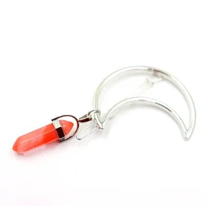 Crystal moon hair clip with natural stone hexagonal pillar pendant for women fashion accessory detail
