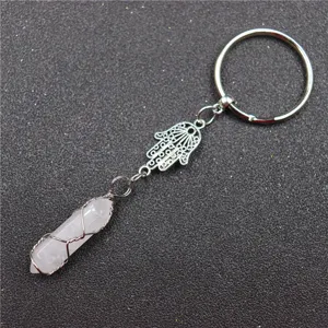 Natural Rose Quartz Crystal Hexagonal Column Hamsa Hand Keychain Metal Wire Wrapped Pendant