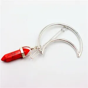 Silver crescent moon hair clip with red crystal pillar geometric pendant for women stylish.
