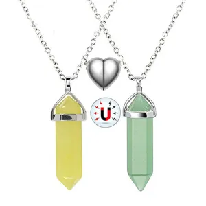 Natural stone crystal hexagonal pillar pendant couple necklace with magnetic heart