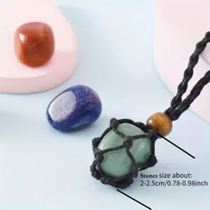 Detail view of natural crystal raw stone pendant with adjustable black woven net necklace chain.