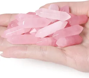 Natural rose quartz double terminated crystal points for jewelry making, polished raw stone.