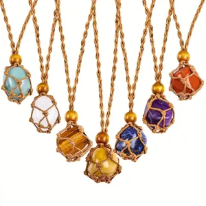 Detailed view of handmade woven rope net crystal stone pendant necklaces for healing.