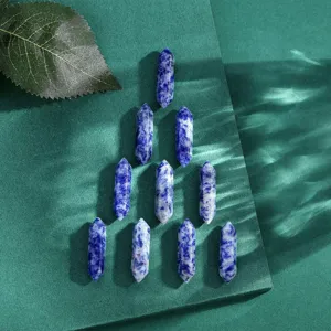 Natural blue spot crystal double terminated hexagonal column raw stone set detail view.