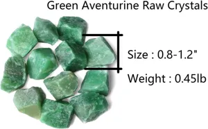 Detail view of natural green aventurine raw crystals, showing crystal texture and size spec.