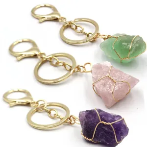 Llavero de Piedra de Cristal Natural en Bruto Envuelto en Alambre de Oro Cuarzo Hecho a Mano Colgante de Piedra Curativa para Mujeres Hombres