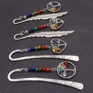 Handmade metal crystal stone tree bookmark set with colorful chakra beads and feather design.