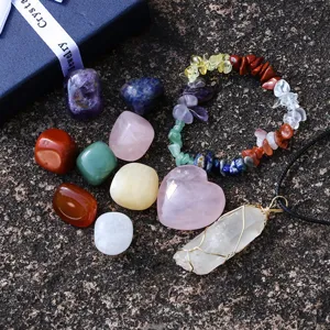 Natürliches Kristallstein Set bunte Heilungs Trommelsteine Armband Anhänger mit Geschenkbox