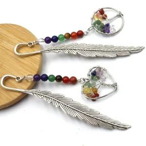 Handmade metal feather bookmark with chakra crystal beads and tree of life pendant for reading.
