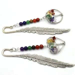 Handmade metal feather bookmark with chakra crystal beads and tree of life pendant for reading books.