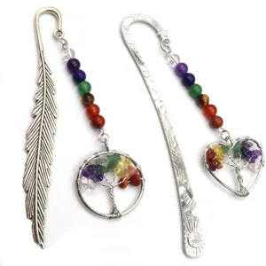 Handmade crystal tree of life metal bookmarks with colorful chakra beads and feather charm.