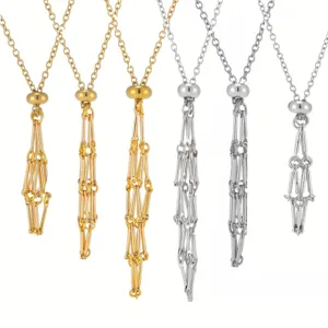 Handmade Zinc Alloy Adjustable Bamboo Joint Net Mesh Cage Pendant Necklace Minimalist Natural Stone Holder Jewelry Women