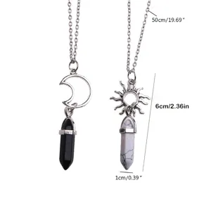 2pcs Soleil Lune Pierre Naturelle Cristal Hexagonal Collier Couple Retro Bijou Principal
