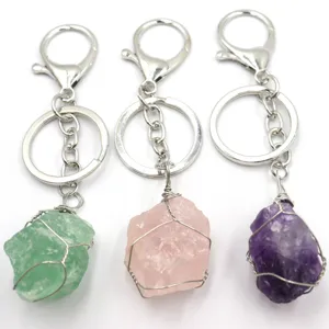 Handgemachter Drahtgewickelter Schlüsselanhänger Naturkristall Rohstein Unregelmäßiger Mineralquarz Schlüsselanhänger Schmuck Für Rucksack Handtasche Anhänger Zubehör