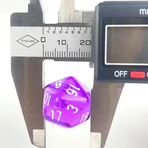 Purple translucent 20-sided dice for board games, clear white numbers, precise measurement display.