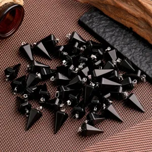 Natuerlicher schwarzer Stein Sechseck Kegel Anhaenger Halskette Mode Schmuck Grosshandel