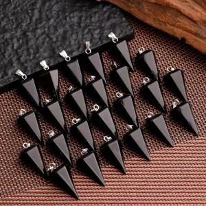 Schwarzer Obsidian sechseckige Säule Pendel Kristall Stein Anhänger Halskette Set
