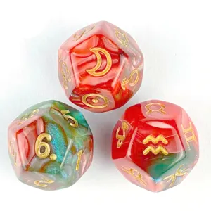 Detailed close-up of colorful marbled polyhedral dice featuring gold engraved constellation symbols.