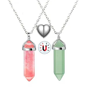 Natural crystal hexagonal pillar pendant couple necklace set with magnetic heart design details.