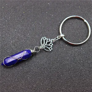 Handmade natural crystal hexagonal pillar keychain with elegant lotus charm and wire wrap detail.