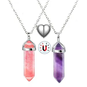 Natural stone crystal hexagonal pillar couple necklace with magnetic heart pendant set.