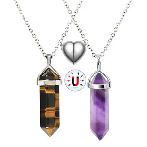 Natural crystal hexagonal pillar pendant couple necklace set with magnetic heart.
