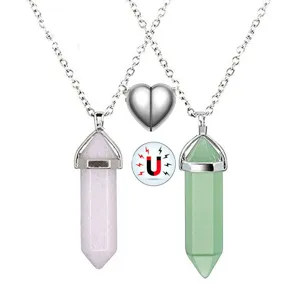 Crystal hexagonal pillar couple necklace set with magnetic heart design, natural stone detail.