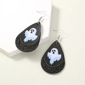 Halloween süße Geist Tropfen Leder Ohrringe doppelte Schicht schwarzer Glitzer Ohrschmuck