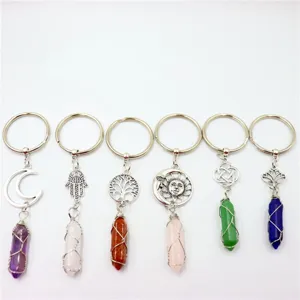 Natural crystal hexagonal pillar wire wrapped keychain set featuring moon and tree of life.