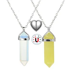 Crystal hexagonal pillar pendant necklace featuring magnetic heart design in detail view