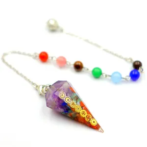 Vintage Hexagonal Cone Resin Pendant Multicolor Crystal Chips Chakra Healing Pendulum Handmade Jewelry Gift For Unisex