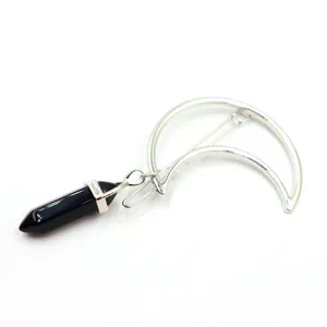 Crescent moon crystal hair clip with black hexagonal column pendant for women fashion styling