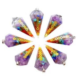 7 chakra crystal pendulum pendant, hexagonal prism resin natural gemstone dowsing healing necklace