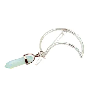 Silver Crescent Moon Hair Clip with Natural Crystal Hexagonal Pillar Pendant Jewelry