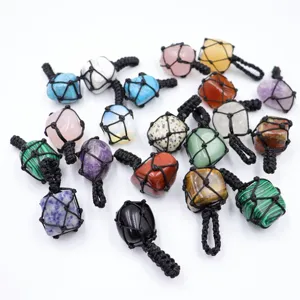 Natural raw crystal stone net pocket pendant necklace multi color gemstone jewelry