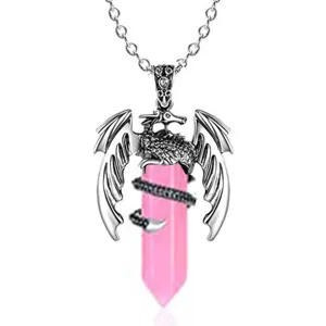 Rosa Kristall Sechseckige Säule Halskette mit Retro Silber Drachen Anhänger für Damen.