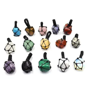 Handmade Natural Crystal Gemstone Pendant Necklace Braided Mesh Net Raw Stone Rough Quartz Mineral Jewelry Necklace Gift For Men Women