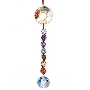 Handmade crystal tree of life car hanging suncatcher ornament with natural chakra stones and prism ball.